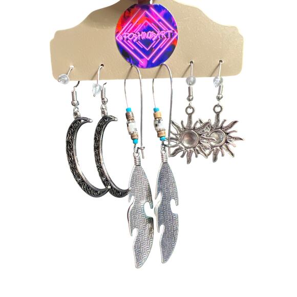 Boho silver turquoise sun moon feather 3 pair of fashion earrings NWT - Picture 3 of 6